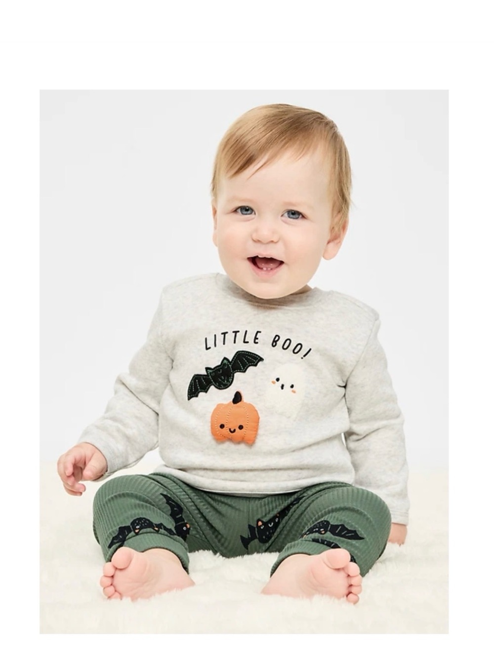 Old Navy Baby Halloween 'Little Boo' Gray Top with Orange Pumpkin and Black Bat